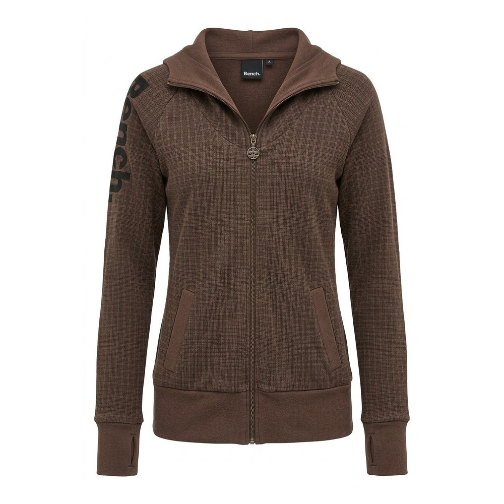 Bench Full Zip Hoodie Women's S (Tag L) Brown Check Lightweight Embroidered Logo